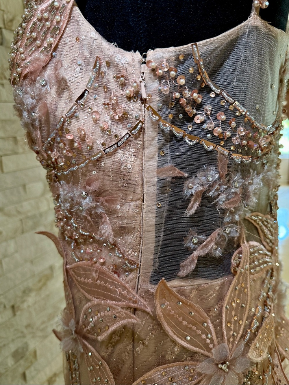 Terani Couture Blush Pink Beaded Floral Mermaid Evening Dress - Picture 7 of 15